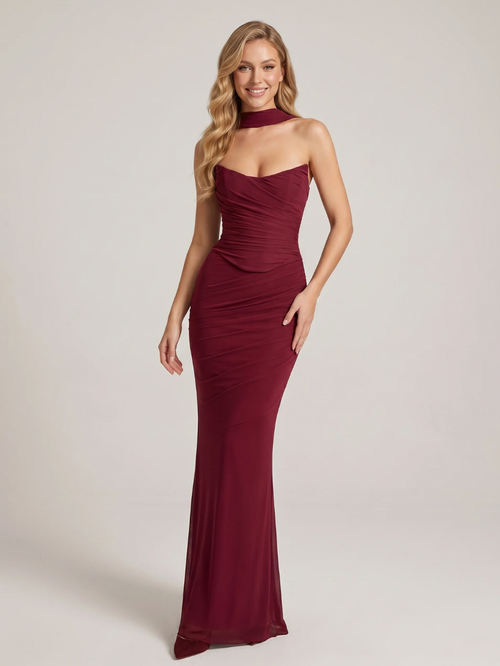 Amity corset, maxi skirt and scarf three-piece set in burgundy — front view