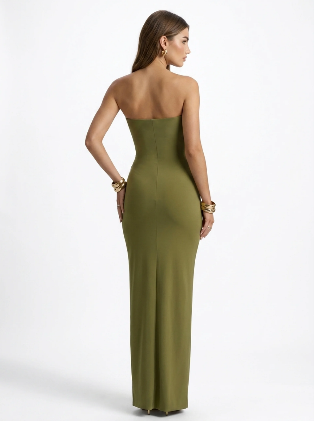Willow sweetheart ruched wrap maxi dress in olive green — back view