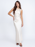 Odette cowl-neck open-back satin maxi dress in white — front view