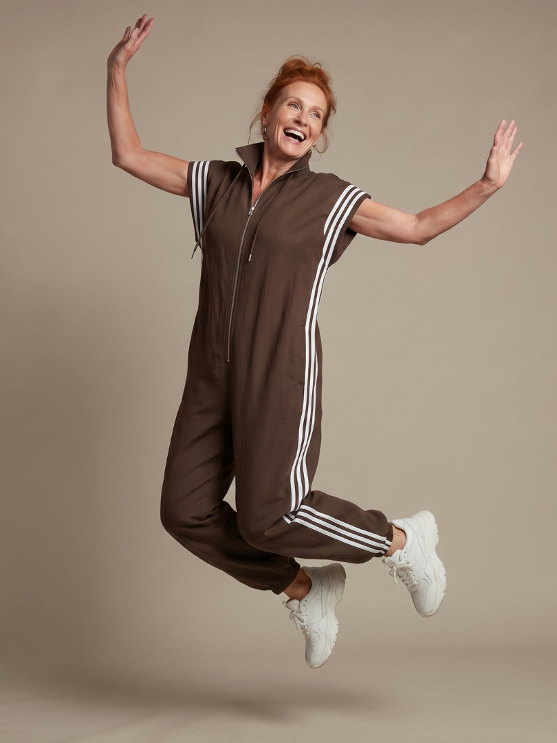 Linnet contrast-stripe zip-front utility jumpsuit — front view