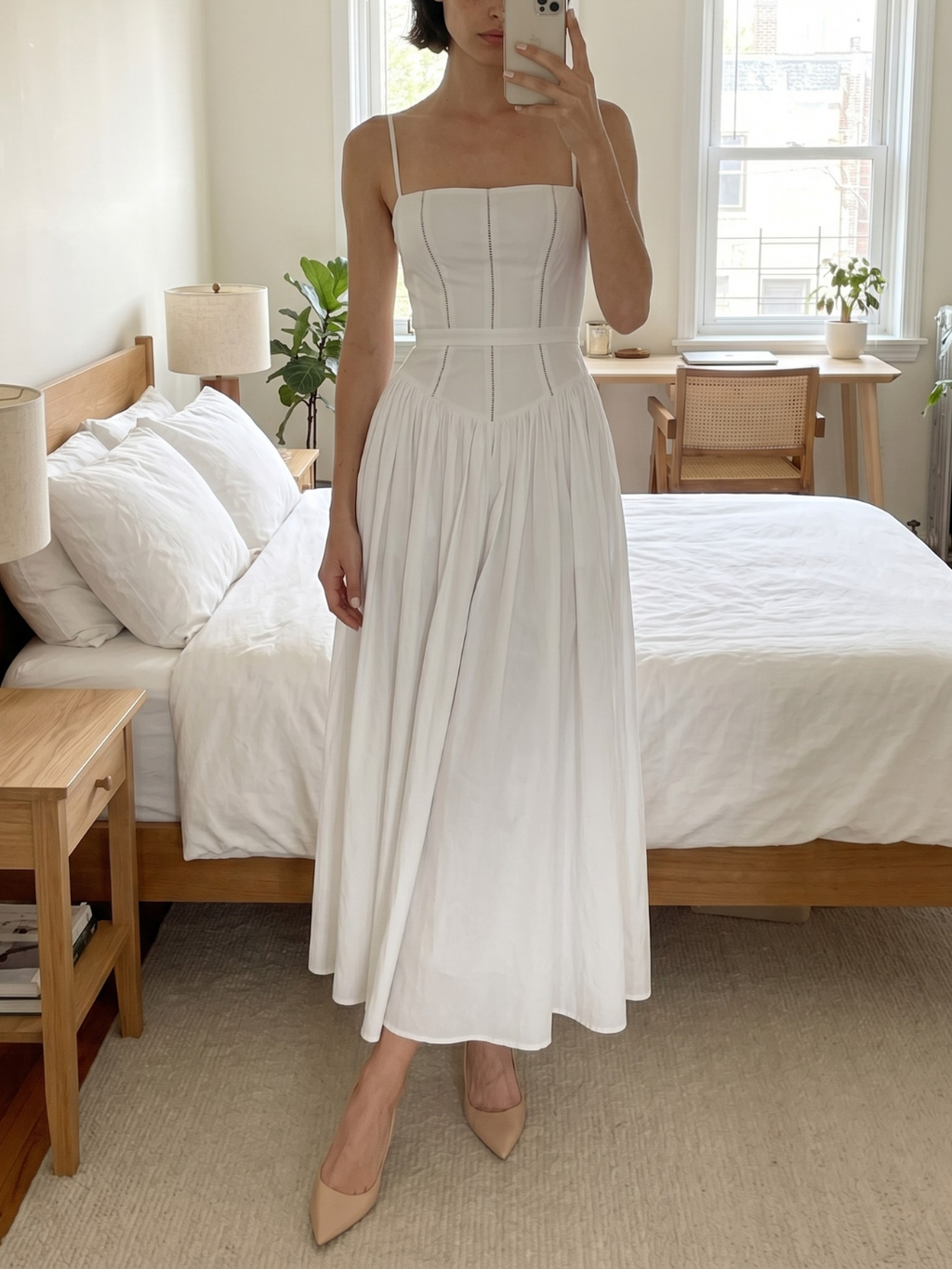 Sage floral spaghetti-strap midi dress with gathered skirt — side view
