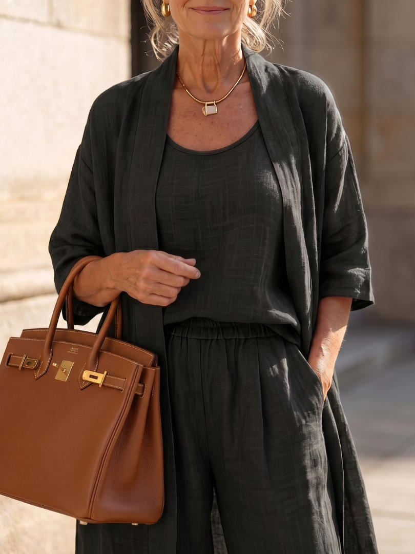 Yael duster, shell top and wide-leg trouser three-piece set — full-length view