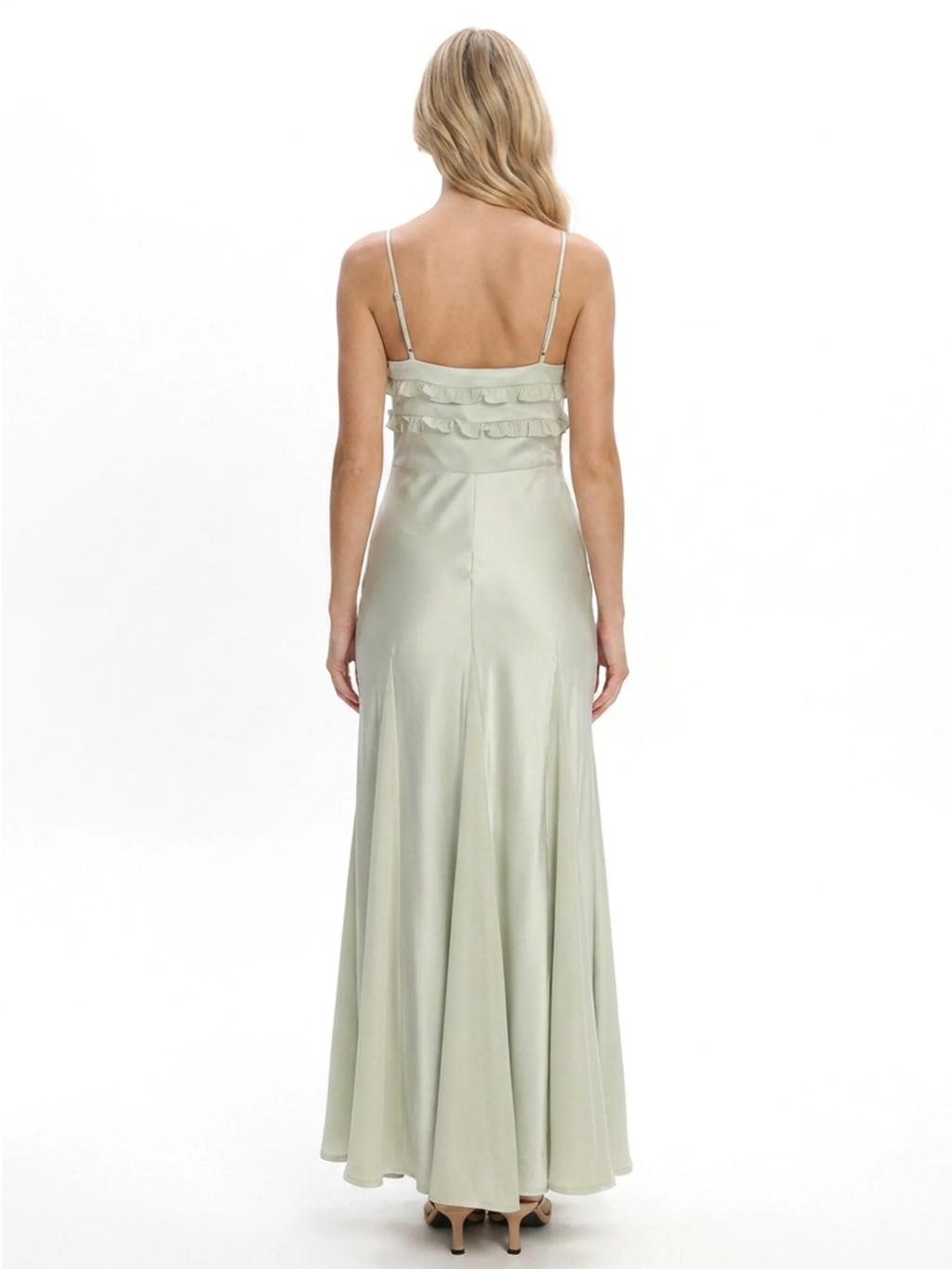 Bonnie frill-trim V-neck godet maxi slip dress — back view