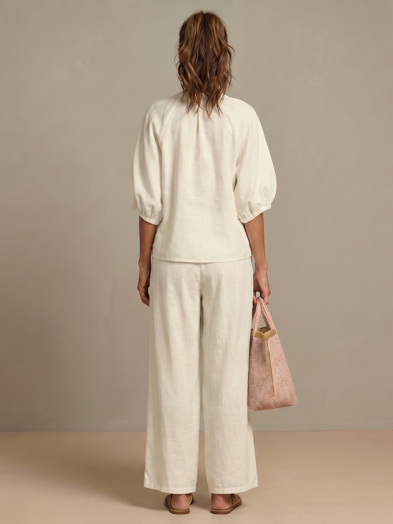 Natalia zip-front blouson top and wide-leg trouser two-piece set — full-length view
