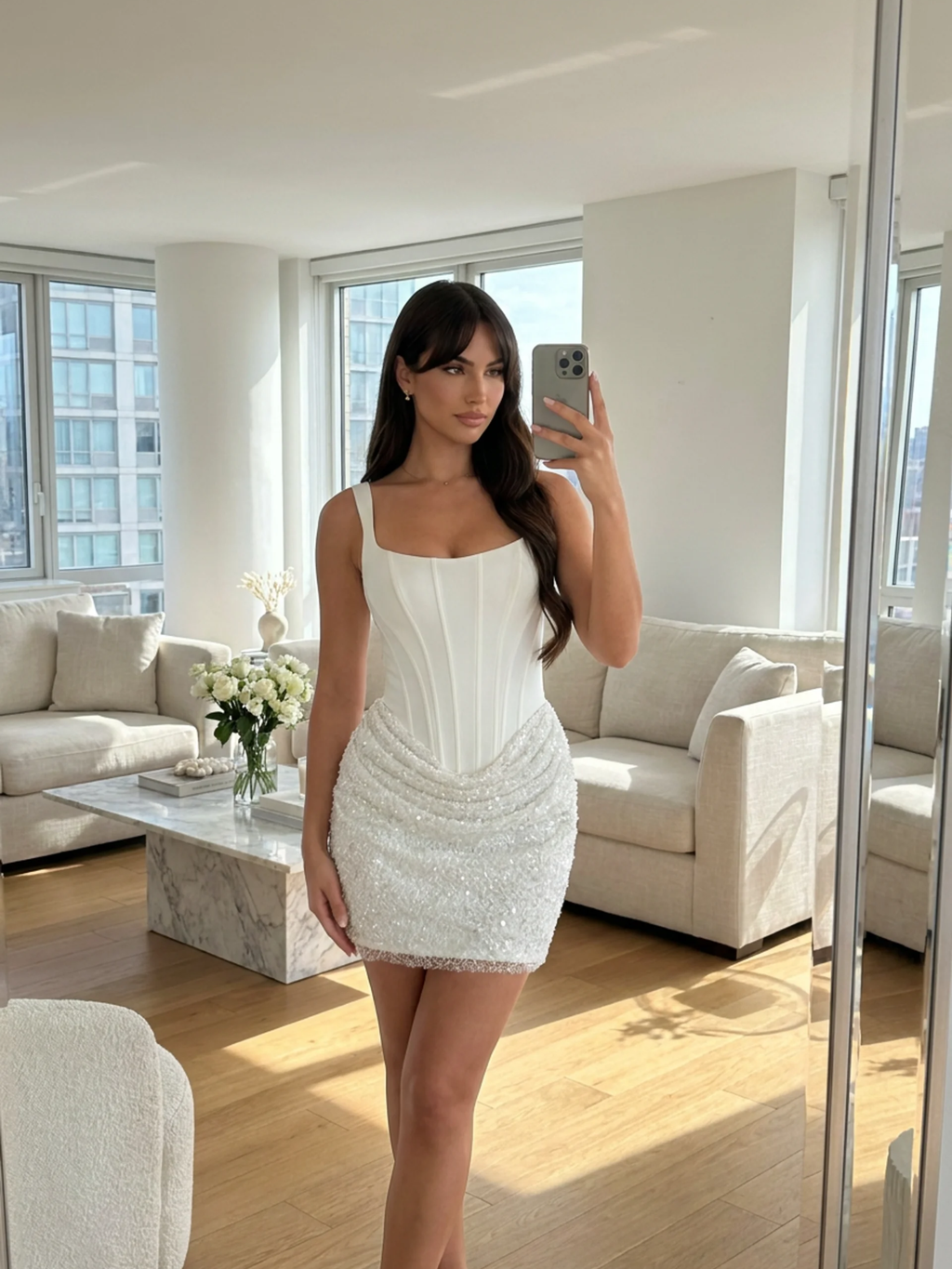 Kit corset mini dress with embellished skirt in White — detail view