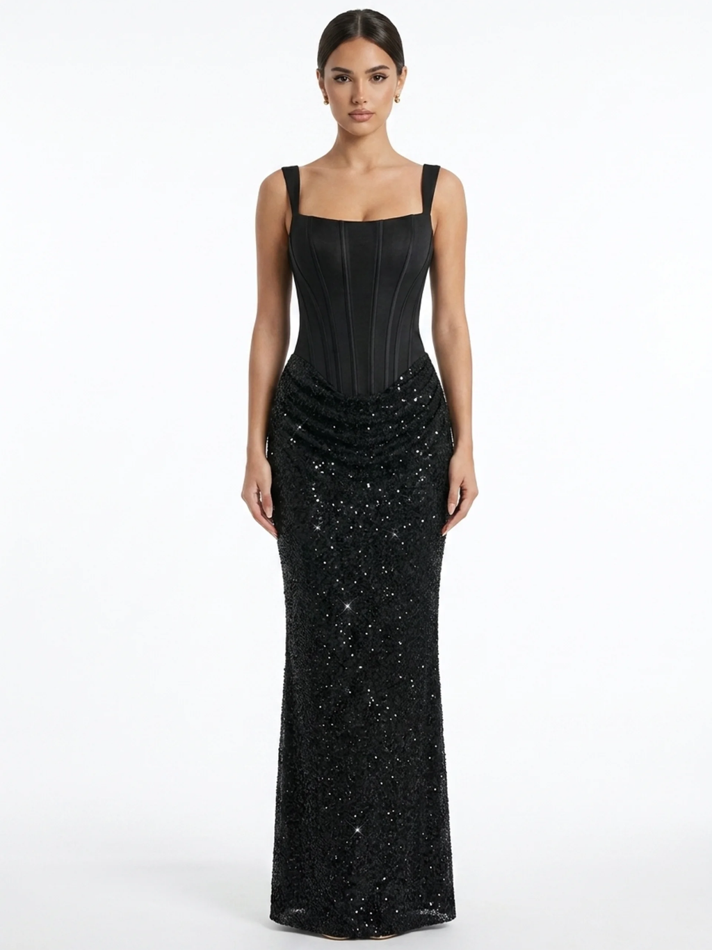 Iona corset maxi dress with embellished skirt in Black — front view