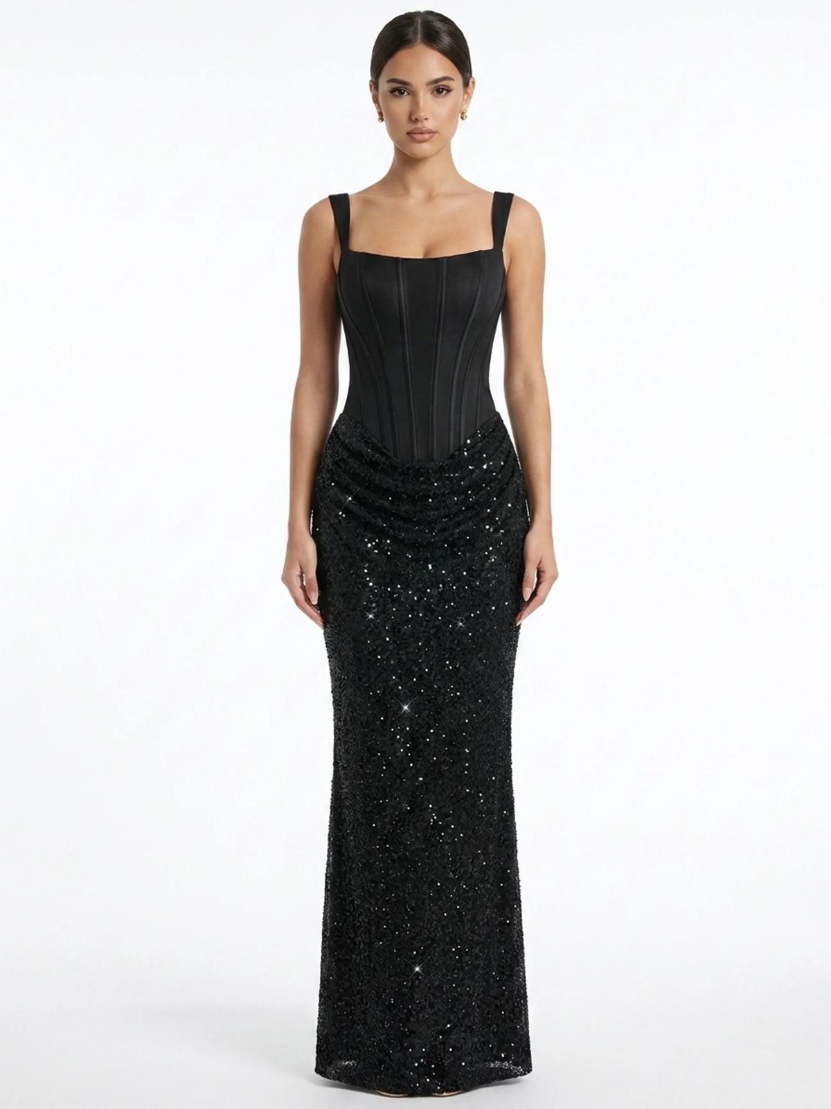 Iona corset maxi dress with embellished skirt in Black — front view