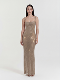 Remi rhinestone square-neck maxi gown in gold — front view