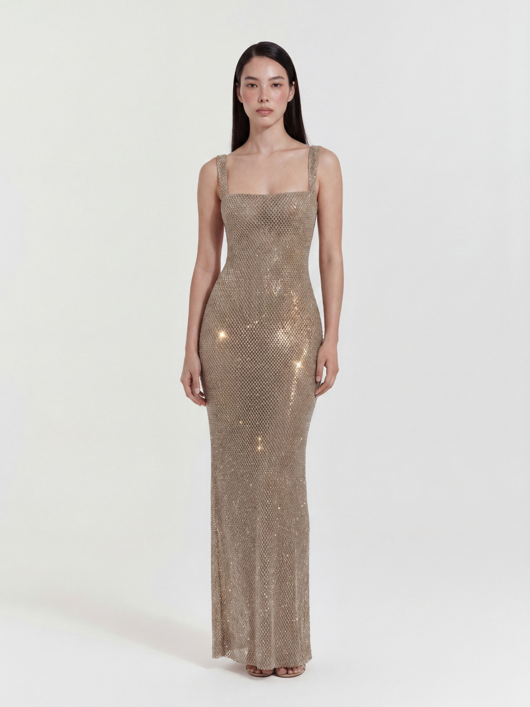 Remi rhinestone square-neck maxi gown in gold — front view
