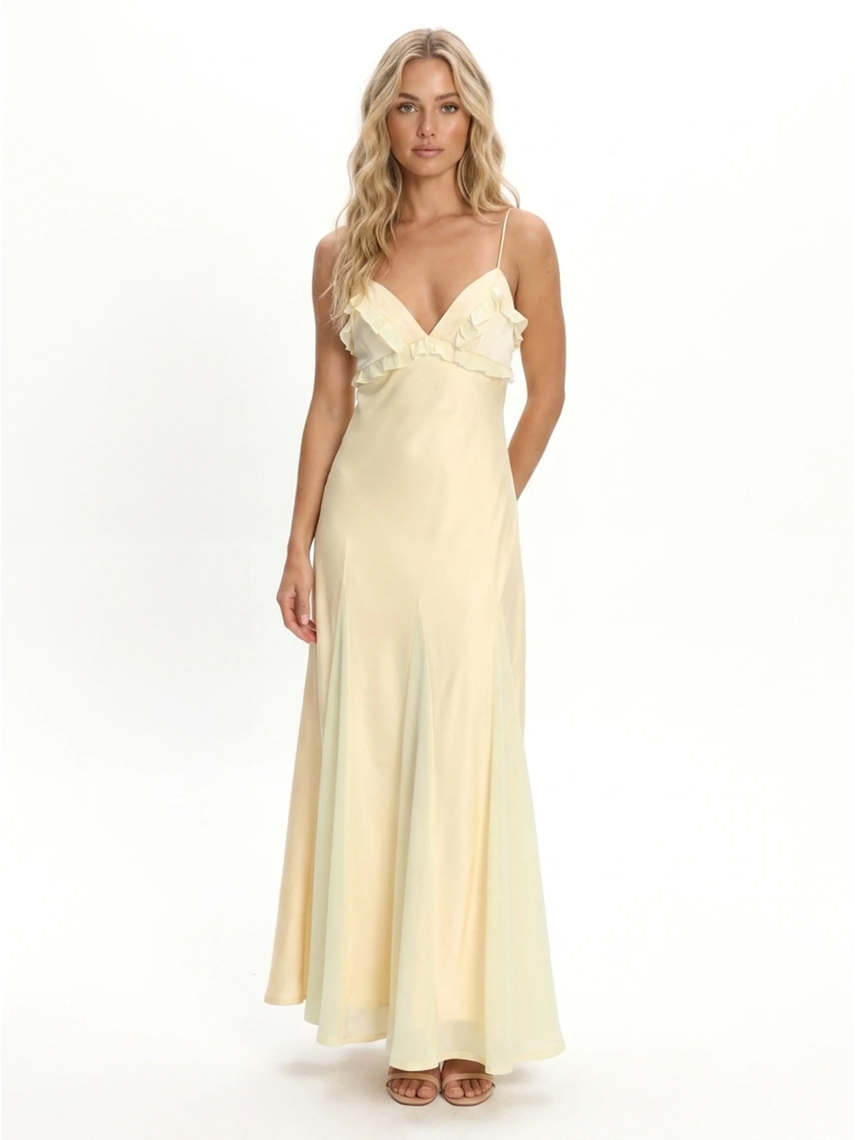 Bonnie frill-trim V-neck godet maxi slip dress — back view