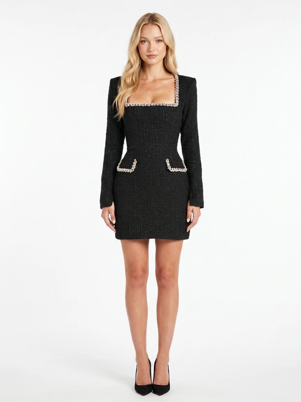 Ella tweed-look pearl-trim long-sleeve mini dress — front view