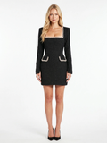 Ella tweed-look pearl-trim long-sleeve mini dress — front view