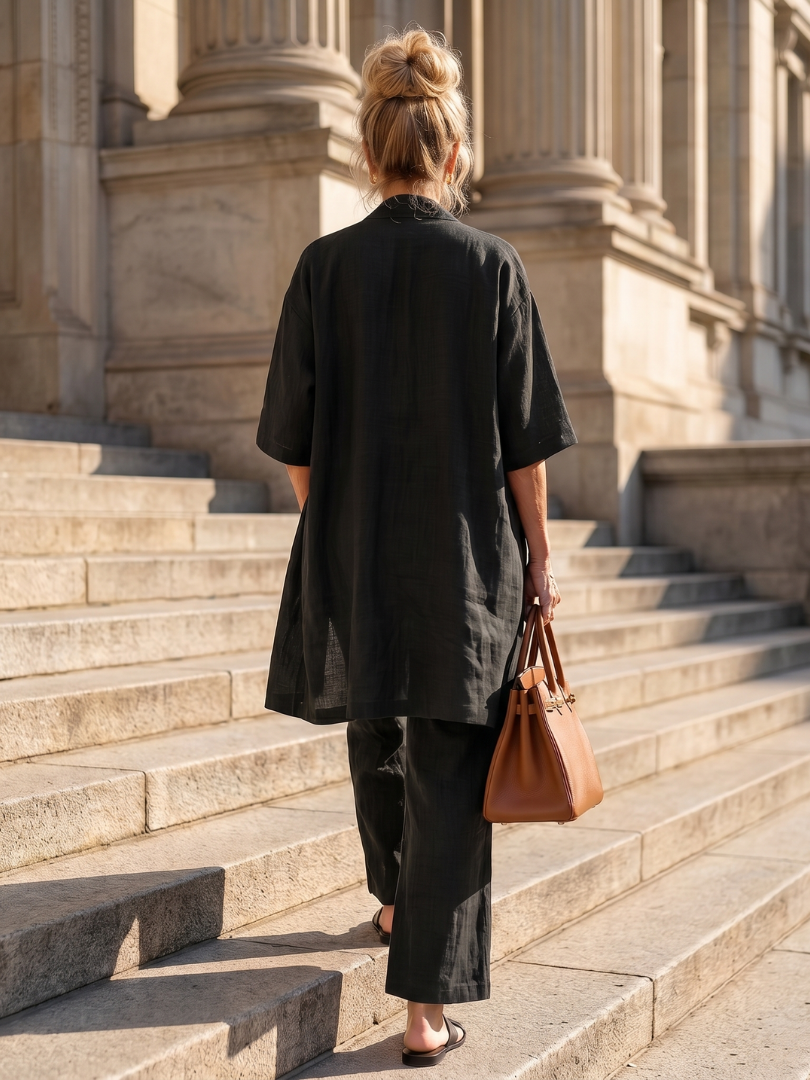 Yael duster, shell top and wide-leg trouser three-piece set — front view