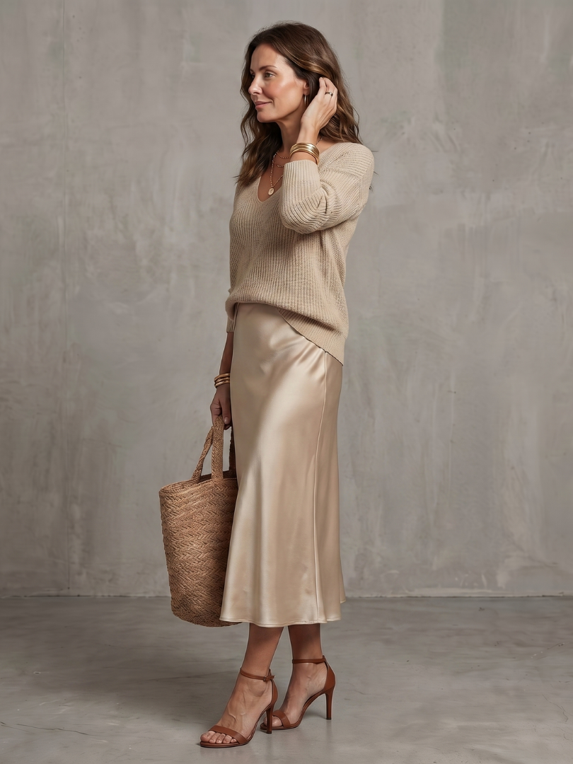Luciana ribbed knit sweater and bias slip skirt two-piece set — back view