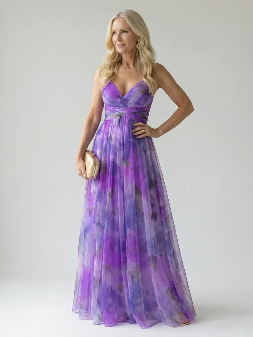 Isel watercolour floral ruched wrap maxi dress — back view