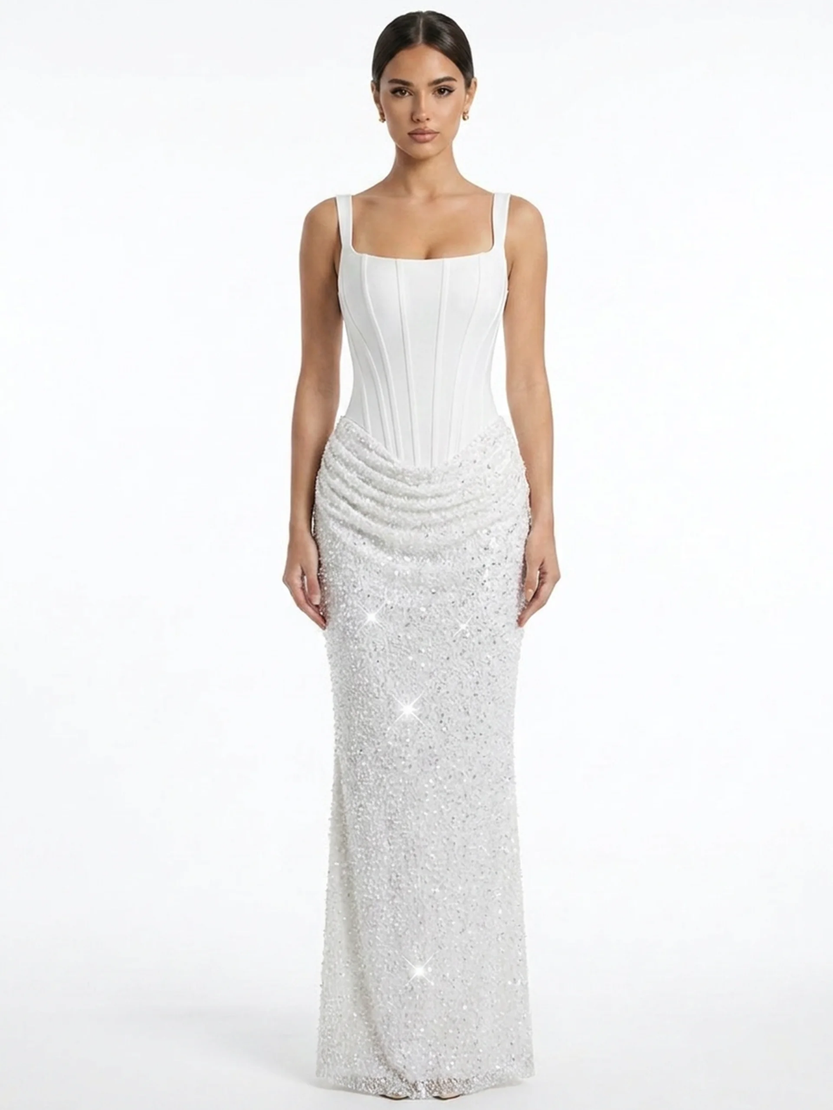 Iona corset maxi dress with embellished skirt in Black — front view