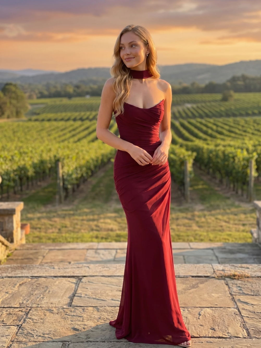 Amity corset, maxi skirt and scarf three-piece set in burgundy — detail view