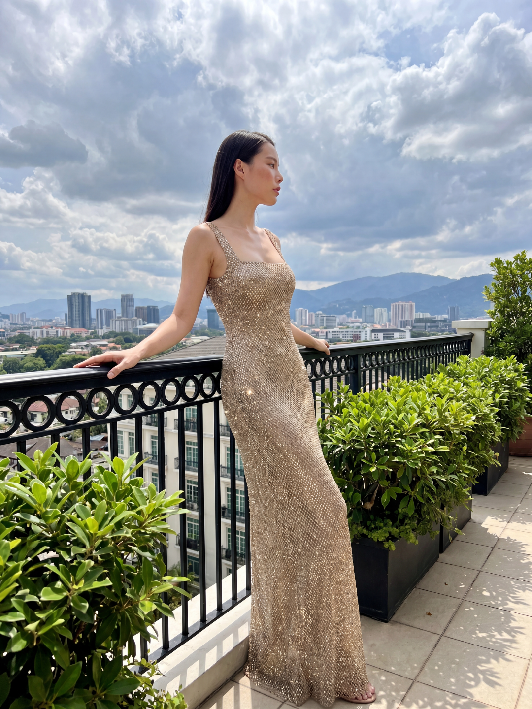 Remi rhinestone square-neck maxi gown in gold — back view