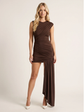 Skye high-neck ruched asymmetric drape mini dress — front view