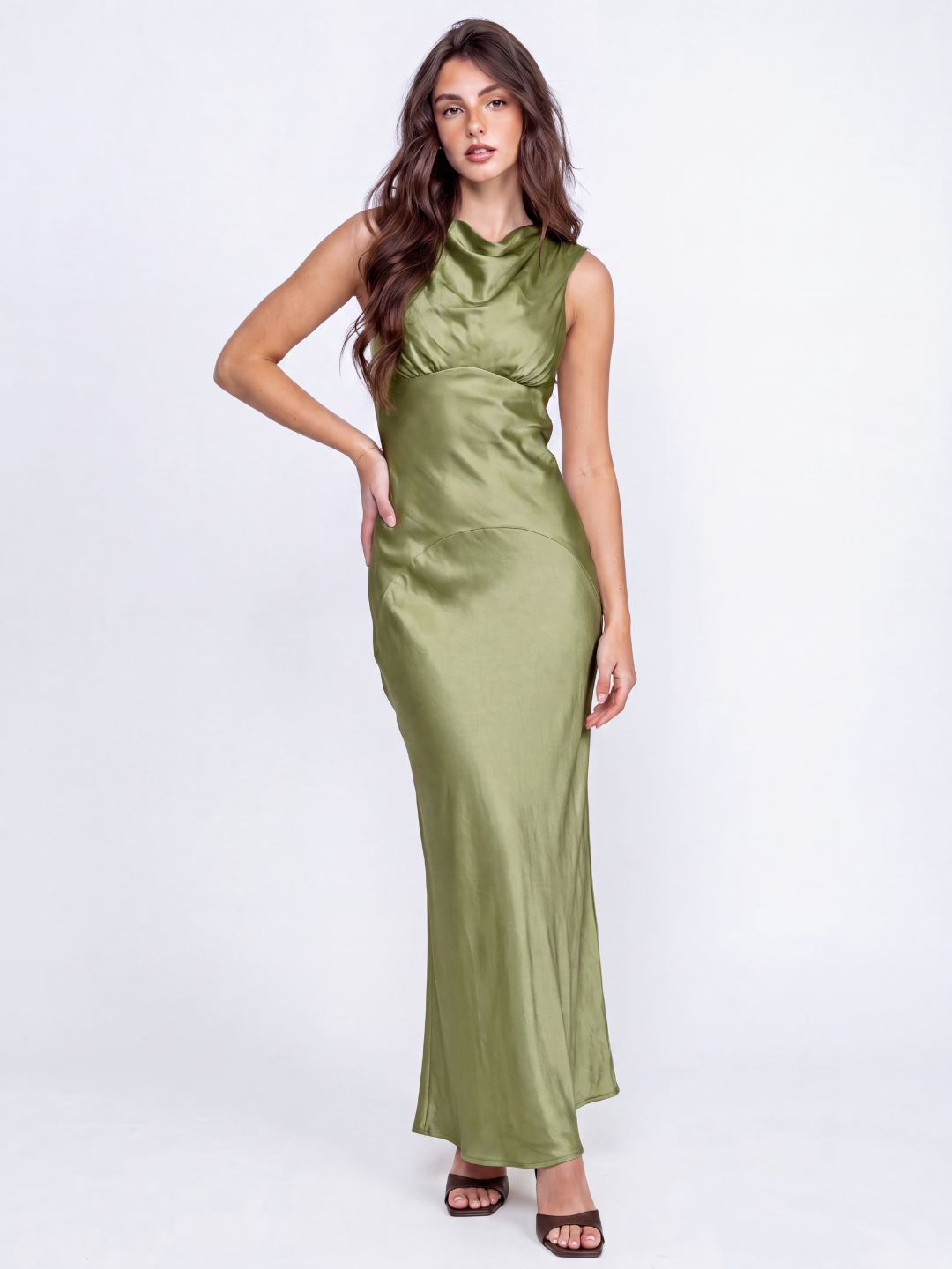 Odette cowl-neck open-back satin maxi dress in olive green — detail view