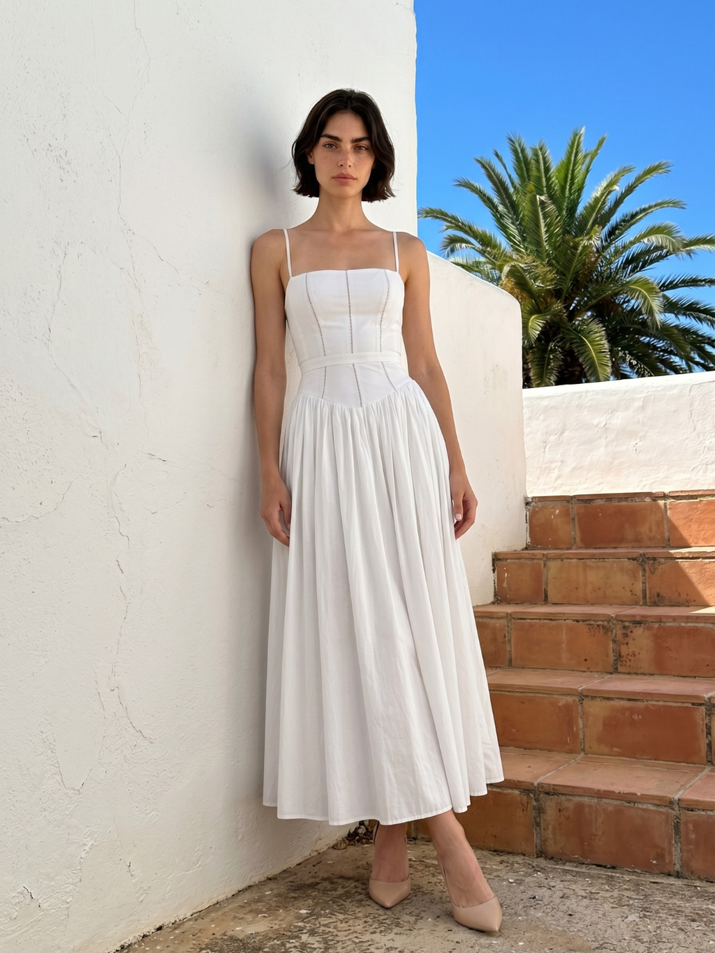 Sage floral spaghetti-strap midi dress with gathered skirt — front view