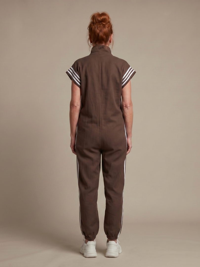 Linnet contrast-stripe zip-front utility jumpsuit — detail view