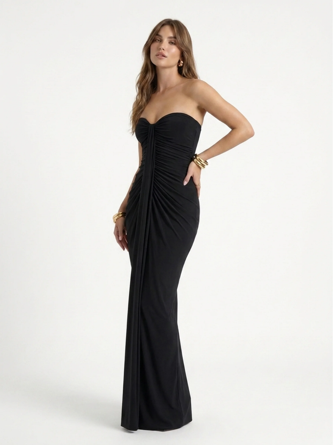Willow sweetheart ruched wrap maxi dress in brown — front view