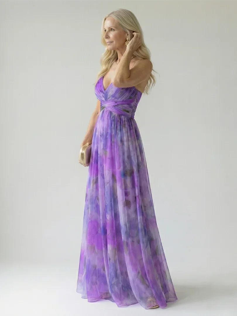 Isel watercolour floral ruched wrap maxi dress — side view
