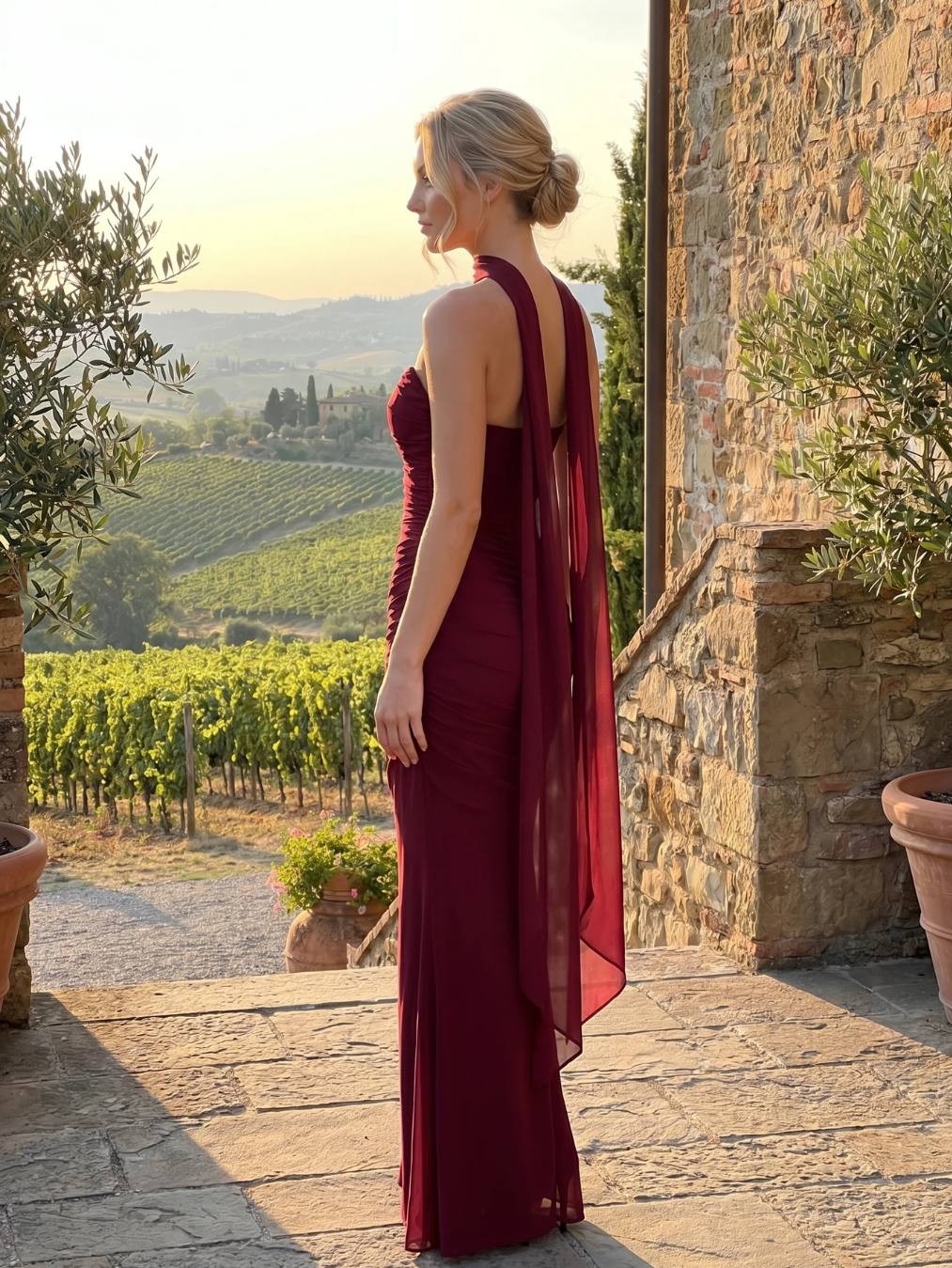 Amity corset, maxi skirt and scarf three-piece set in burgundy — back view