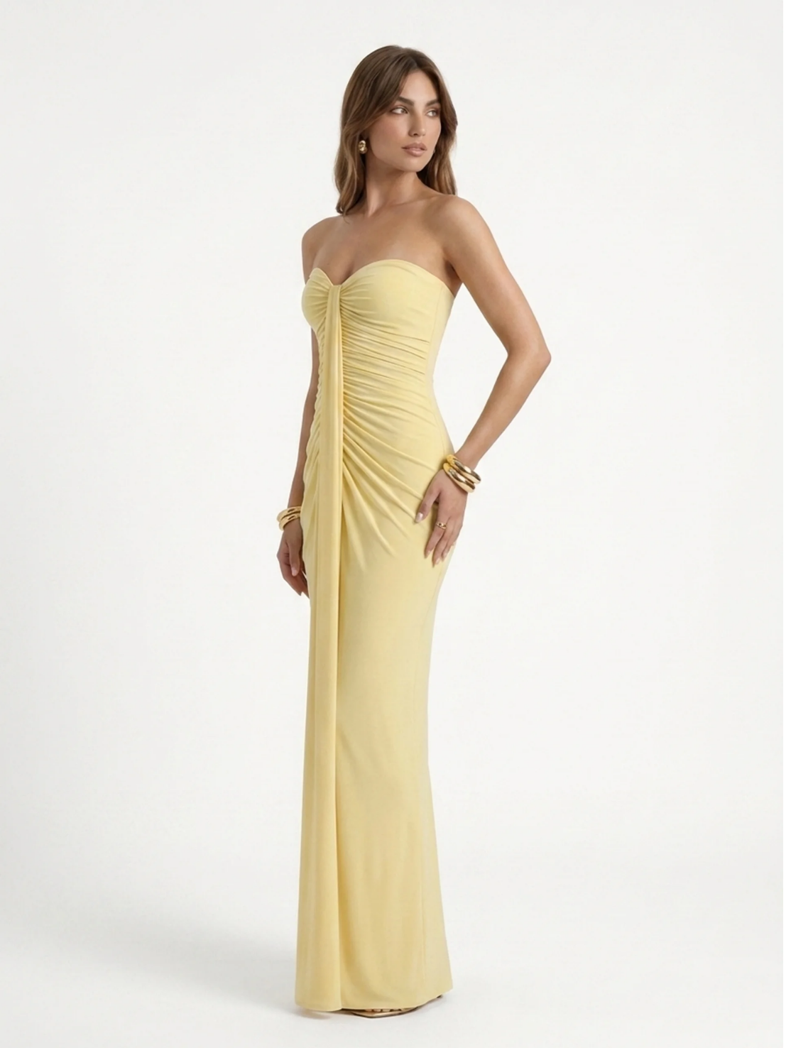 Willow sweetheart ruched wrap maxi dress in yellow — front view