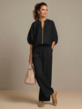Natalia zip-front blouson top and wide-leg trouser two-piece set — front view