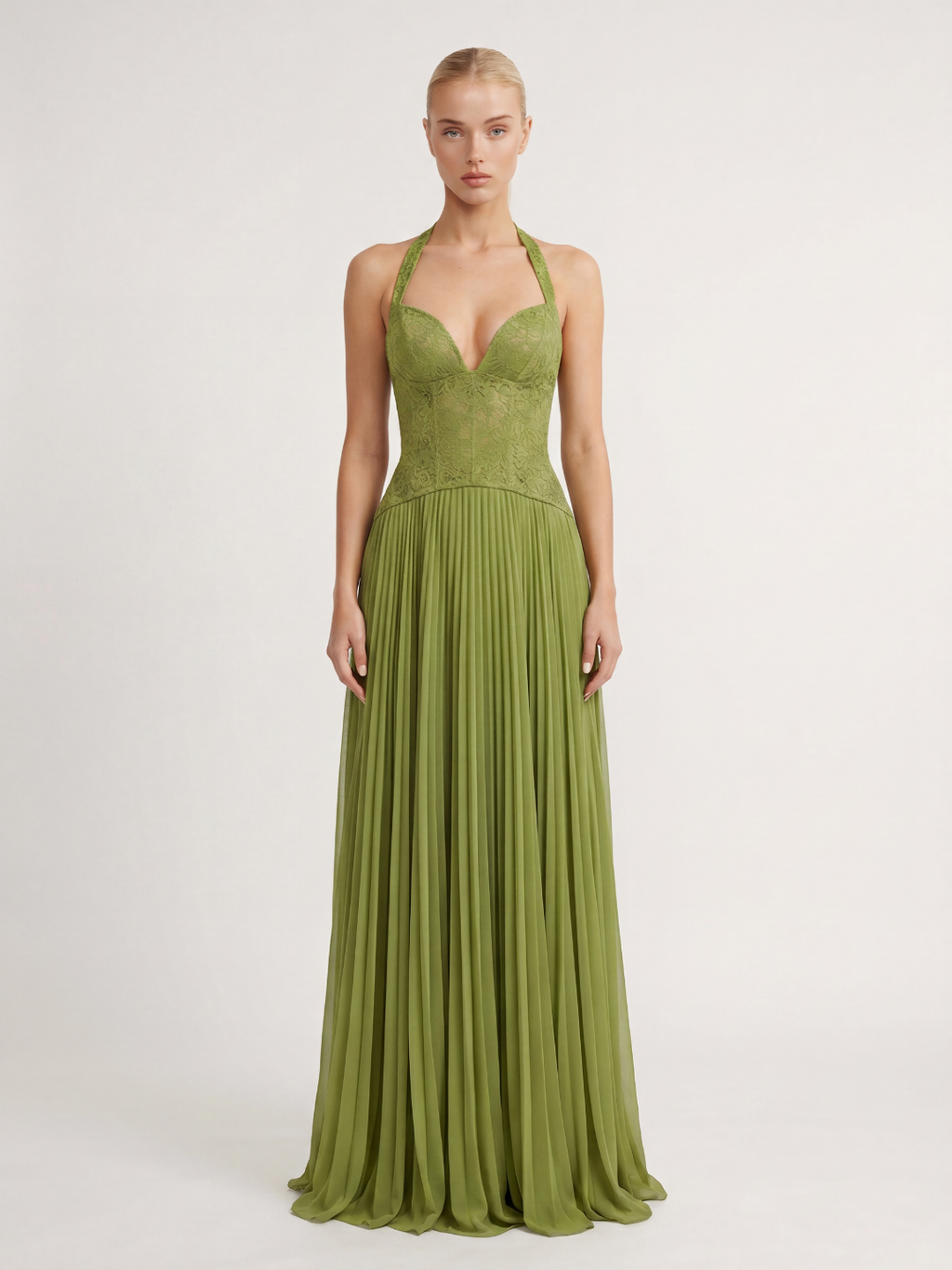 Tamsin halter lace corset pleated maxi dress in Green — front view