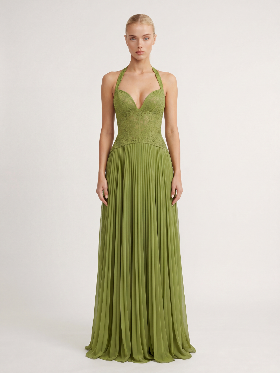 Tamsin halter lace corset pleated maxi dress in Green — front view