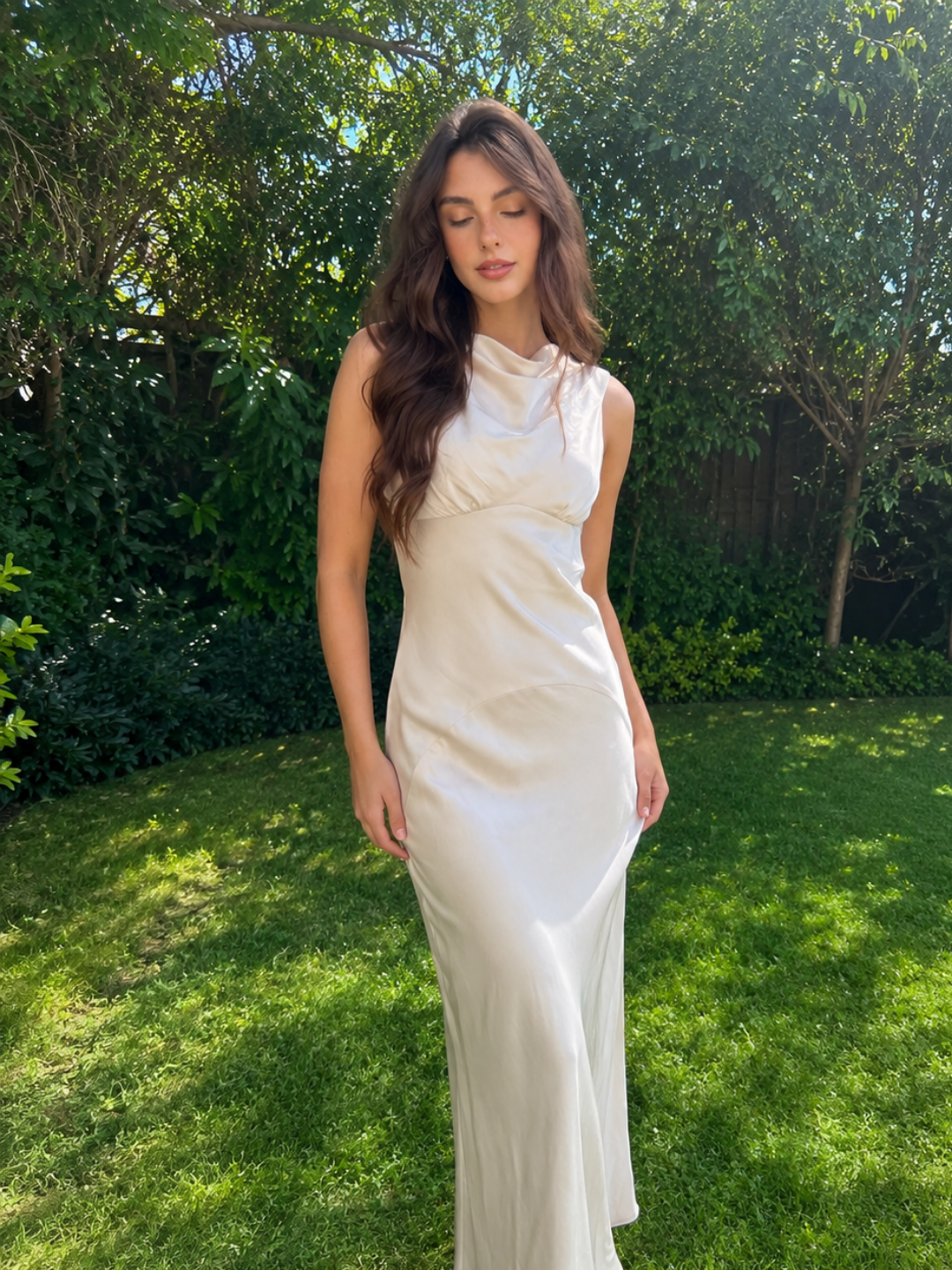Odette cowl-neck open-back satin maxi dress in white — side view