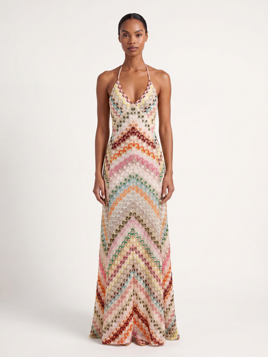 Jules crochet knit chevron maxi dress in multicolour — front view