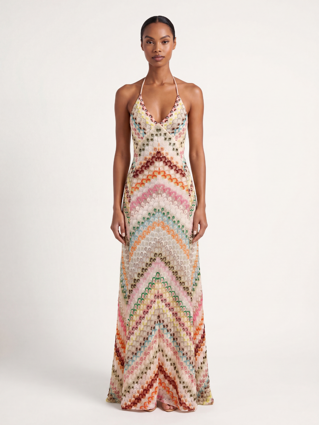 Jules crochet knit chevron maxi dress in multicolour — front view