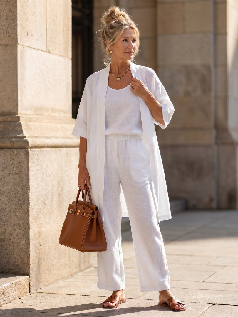 Yael duster, shell top and wide-leg trouser three-piece set — back view