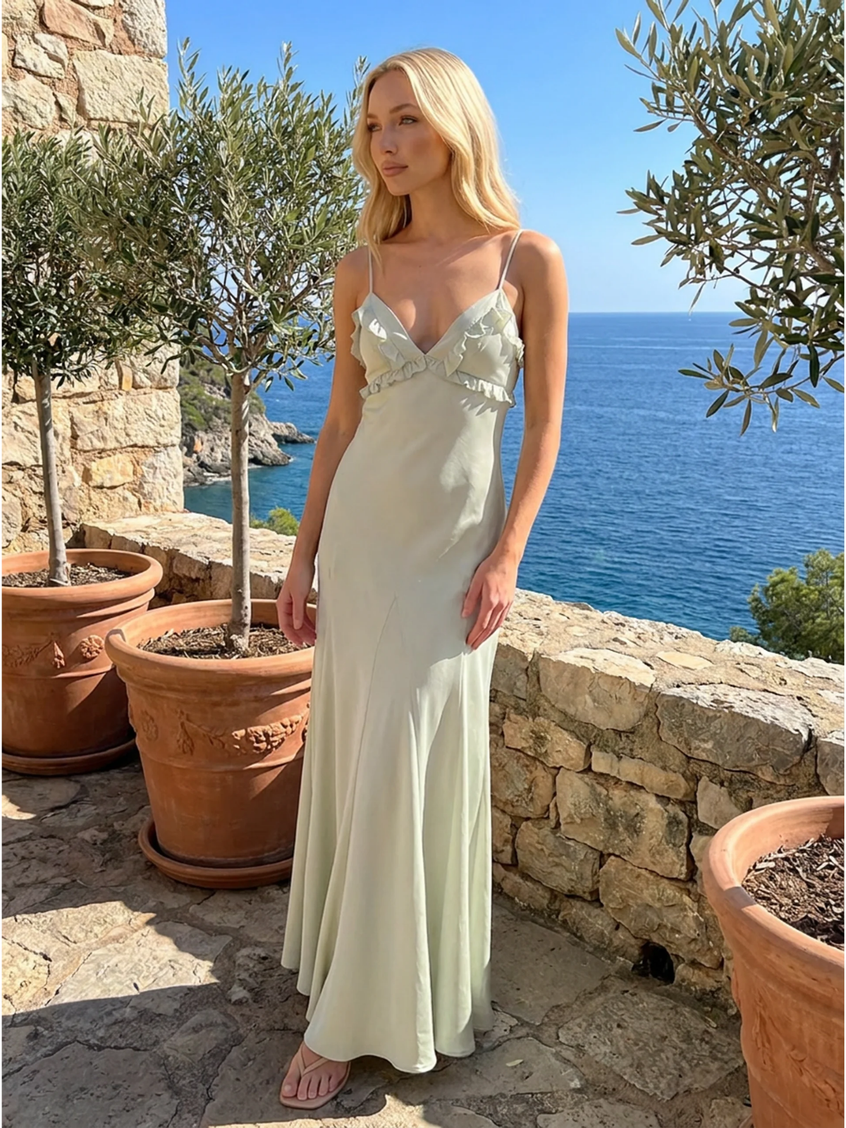 Bonnie frill-trim V-neck godet maxi slip dress — detail view