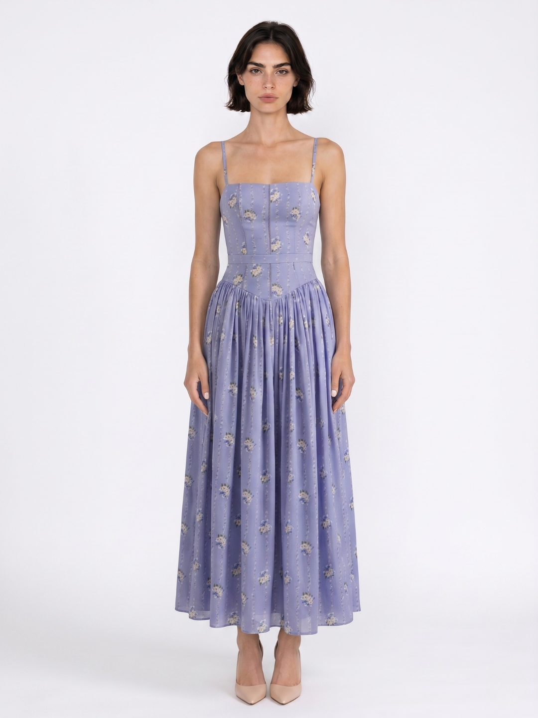 Sage floral spaghetti-strap midi dress with gathered skirt — detail view