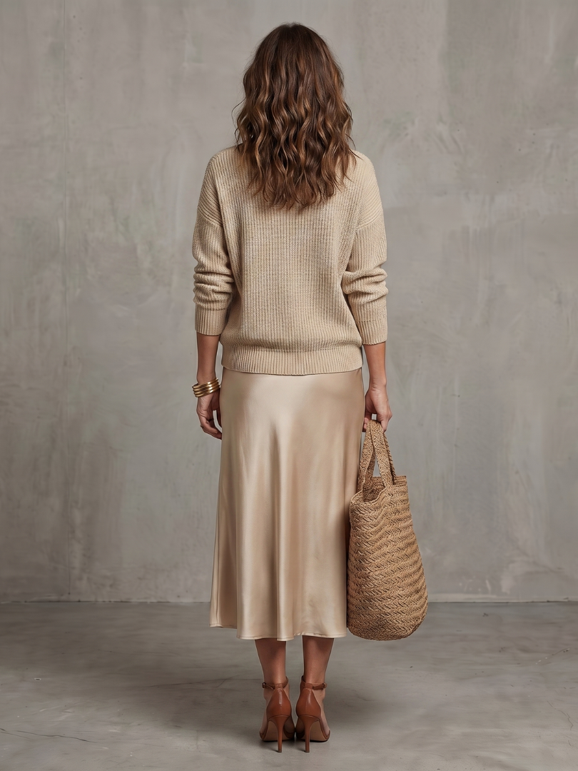 Luciana ribbed knit sweater and bias slip skirt two-piece set — detail view