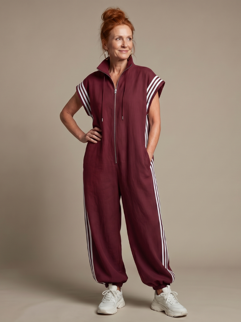 Linnet contrast-stripe zip-front utility jumpsuit — front view