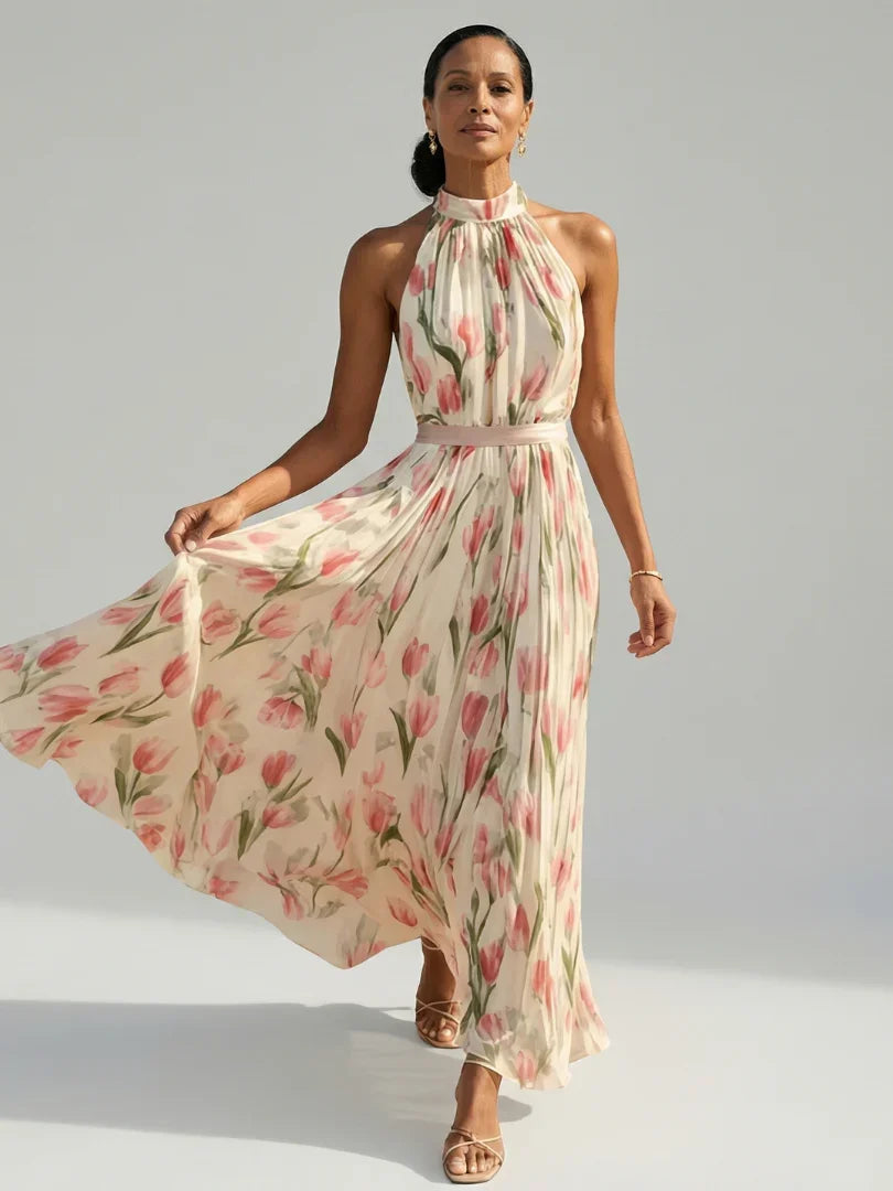 Aurelle floral pleated halterneck maxi dress — front view