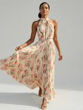Aurelle floral pleated halterneck maxi dress — front view