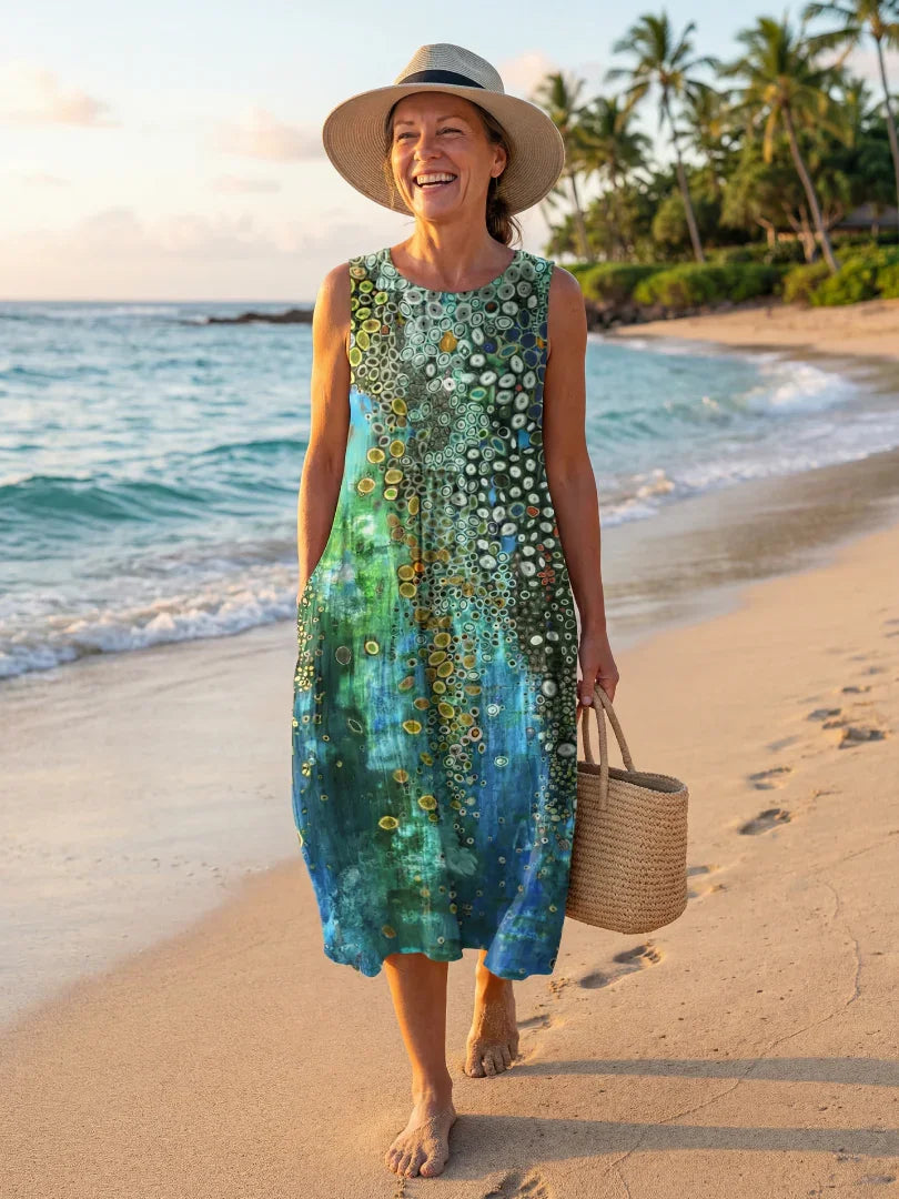 Moana mosaic print cocoon midi dress — front view