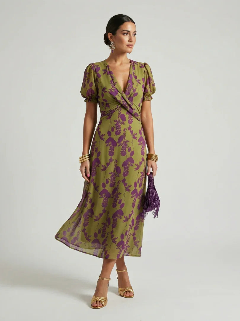 Virel floral puff-sleeve tie-back wrap midi dress — front view