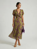 Virel floral puff-sleeve tie-back wrap midi dress — front view