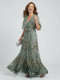 Selora embroidered v-neck flutter-sleeve maxi dress — front view