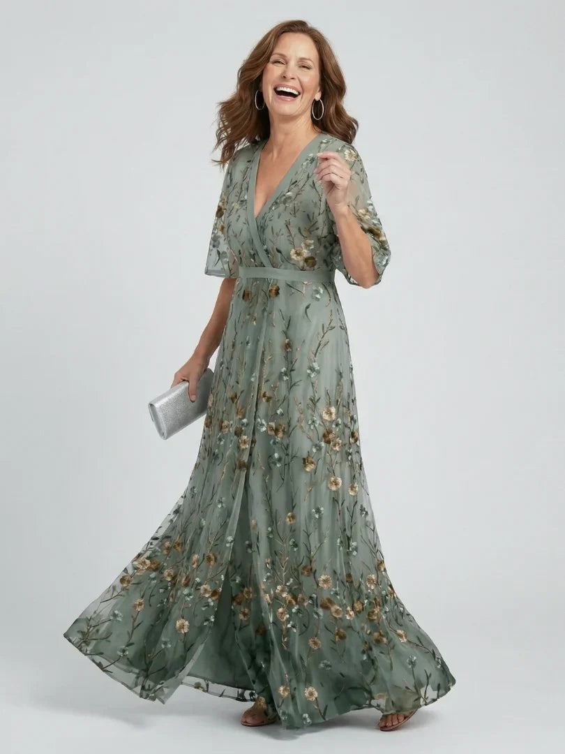 Selora embroidered v-neck flutter-sleeve maxi dress — front view