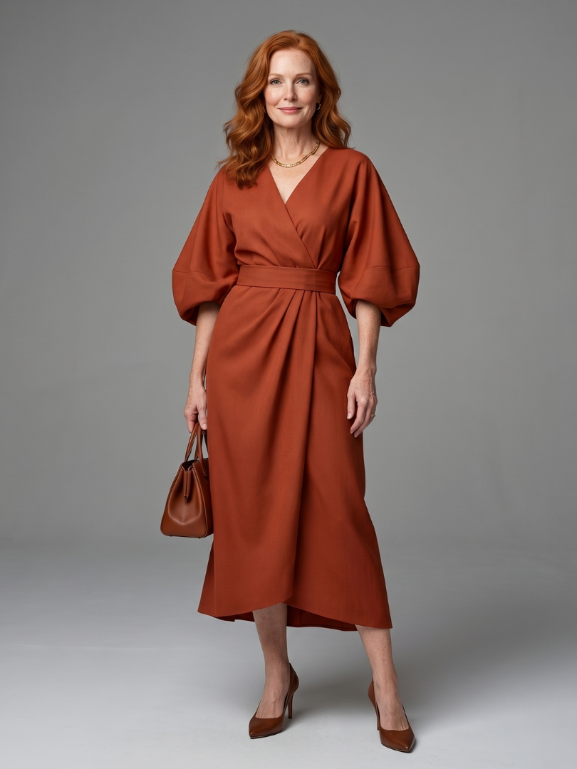 Beryl balloon-sleeve sculpted-waist wrap midi dress — front view
