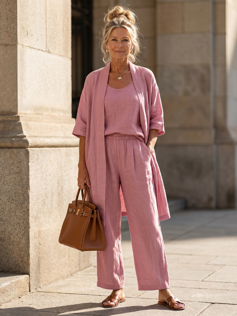 Yael duster, shell top and wide-leg trouser three-piece set — front view